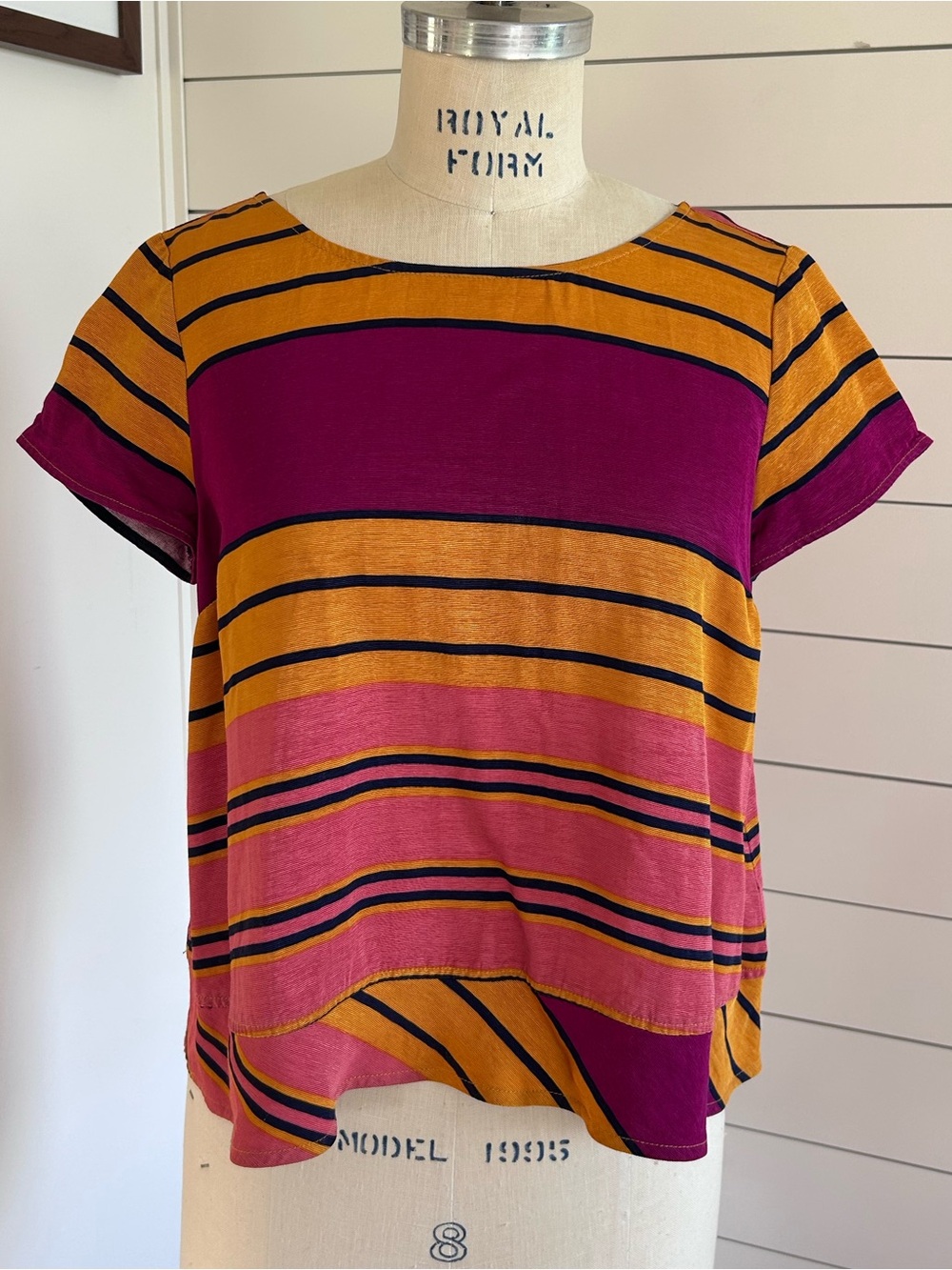 Women's Striped Short Sleeve Top in Mustard and Magenta from Anthropologie